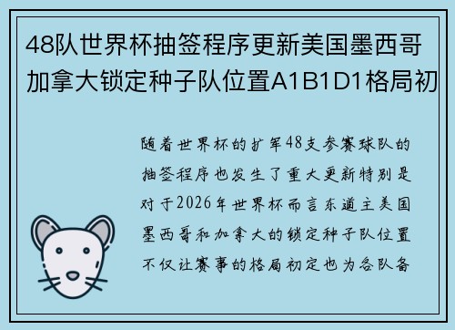 48队世界杯抽签程序更新美国墨西哥加拿大锁定种子队位置A1B1D1格局初定